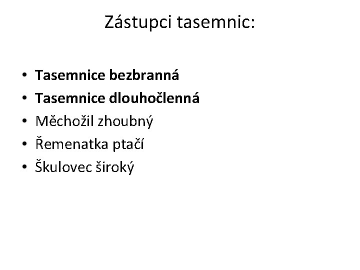 Zástupci tasemnic: • • • Tasemnice bezbranná Tasemnice dlouhočlenná Měchožil zhoubný Řemenatka ptačí Škulovec