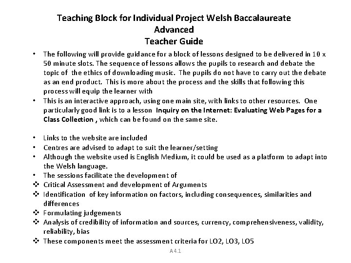 Teaching Block for Individual Project Welsh Baccalaureate Advanced Teacher Guide • • • v