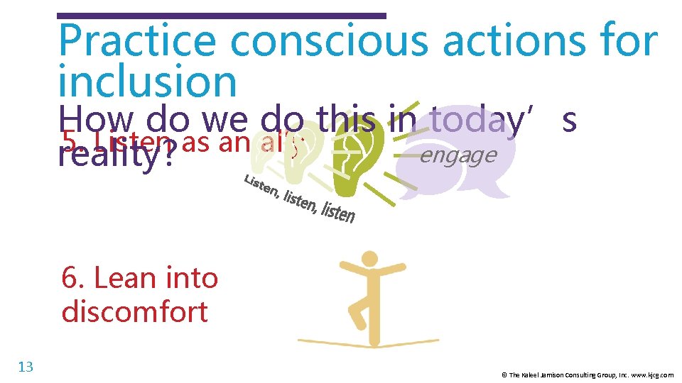 Practice conscious actions for inclusion How do we do this in today’s 5. Listen