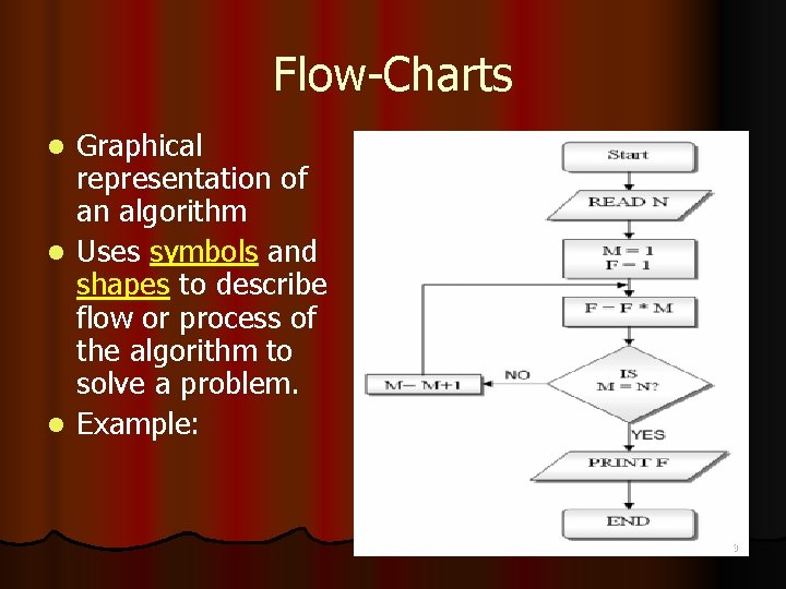 Flow-Charts Graphical representation of an algorithm l Uses symbols and shapes to describe flow