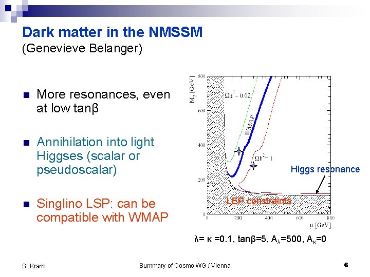 Dark matter in the NMSSM (Genevieve Belanger) n More resonances, even at low tanβ
