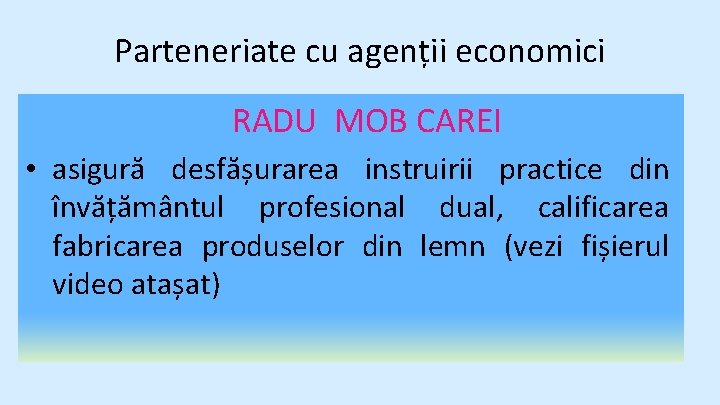 Parteneriate cu agenții economici RADU MOB CAREI • asigură desfășurarea instruirii practice din învățământul