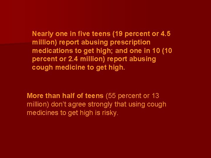 Nearly one in five teens (19 percent or 4. 5 million) report abusing prescription