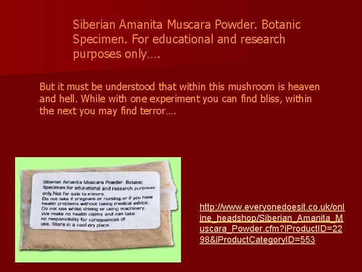 Siberian Amanita Muscara Powder. Botanic Specimen. For educational and research purposes only…. But it