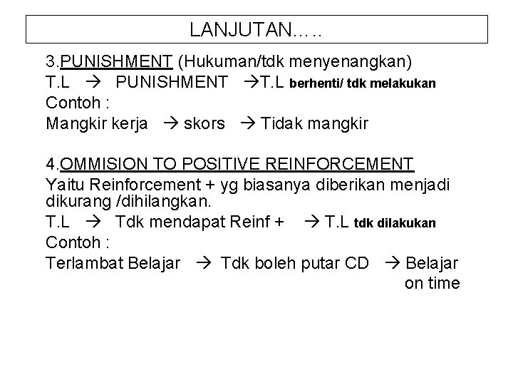 LANJUTAN…. . 3. PUNISHMENT (Hukuman/tdk menyenangkan) T. L PUNISHMENT T. L berhenti/ tdk melakukan