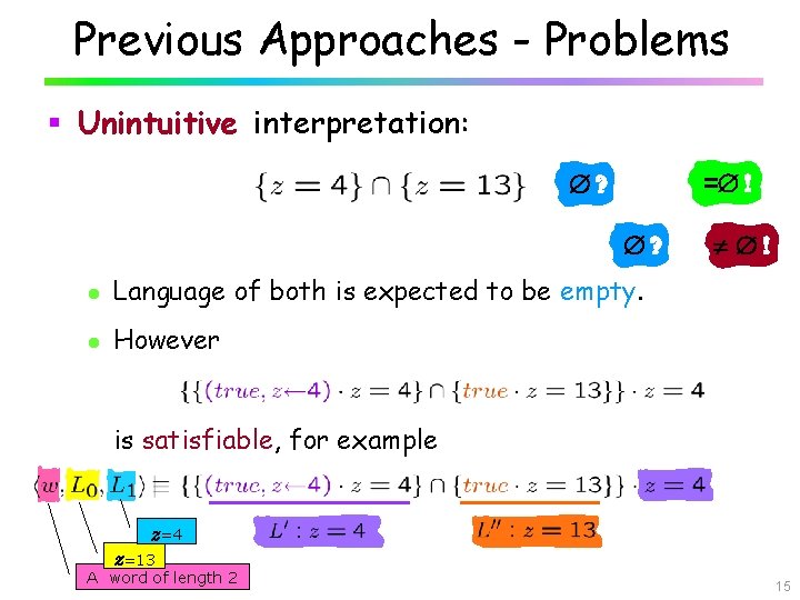 Previous Approaches - Problems § Unintuitive interpretation: ? = ! ? l Language of