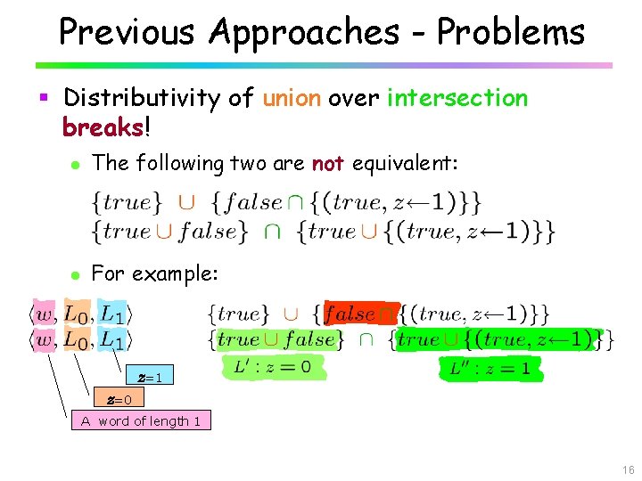 Previous Approaches - Problems § Distributivity of union over intersection breaks! l The following