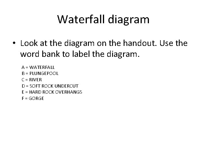 Waterfall diagram • Look at the diagram on the handout. Use the word bank