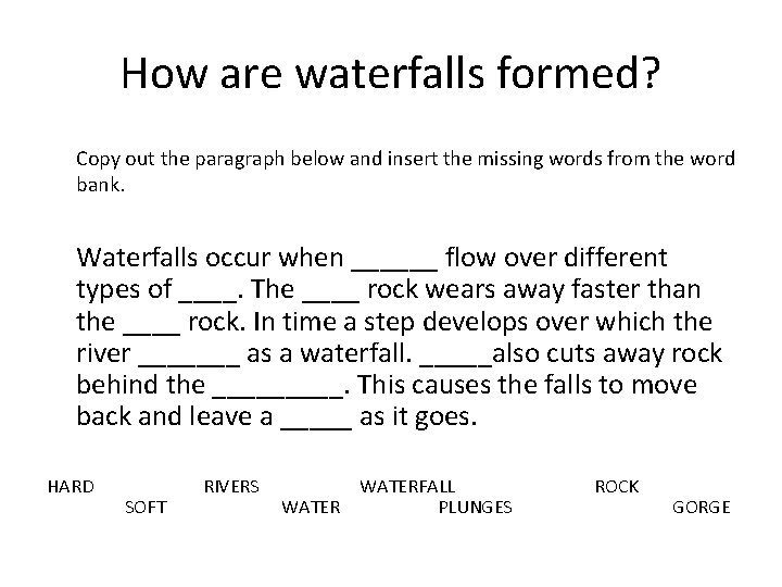 How are waterfalls formed? Copy out the paragraph below and insert the missing words