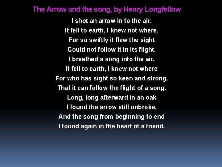 The Arrow and the song, by Henry Longfellow I shot an arrow in to