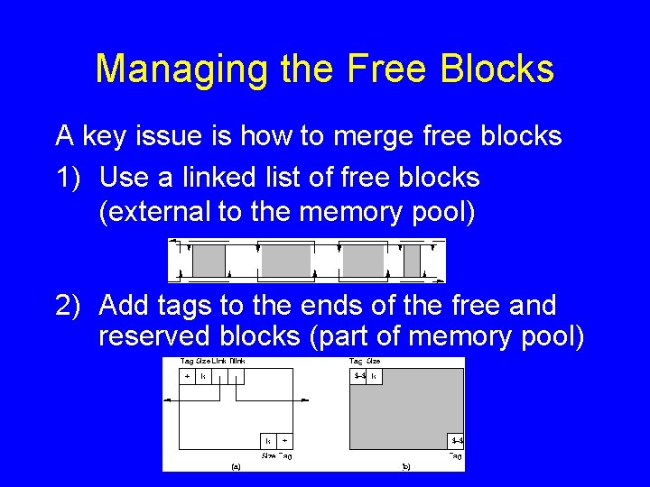 Managing the Free Blocks A key issue is how to merge free blocks 1)
