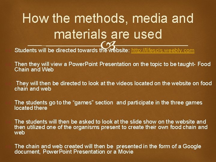 How the methods, media and materials are used Students will be directed towards the