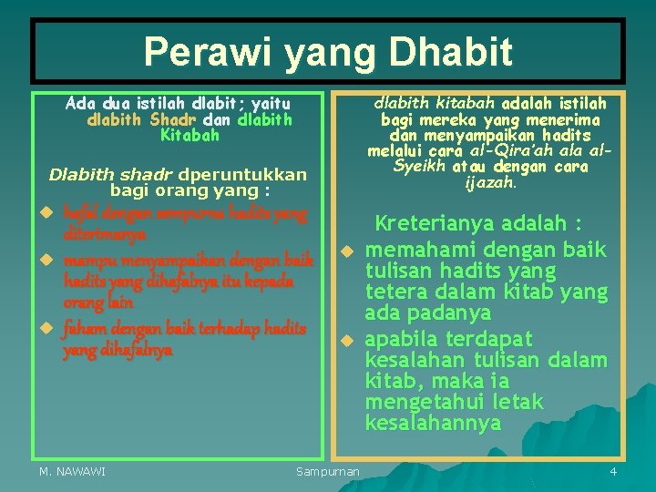 Perawi yang Dhabit Ada dua istilah dlabit; yaitu dlabith Shadr dan dlabith Kitabah dlabith