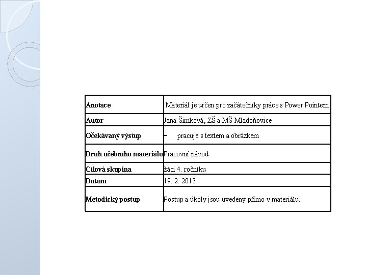 Anotace Materiál je určen pro začátečníky práce s Power Pointem Autor Jana Šimková, ZŠ