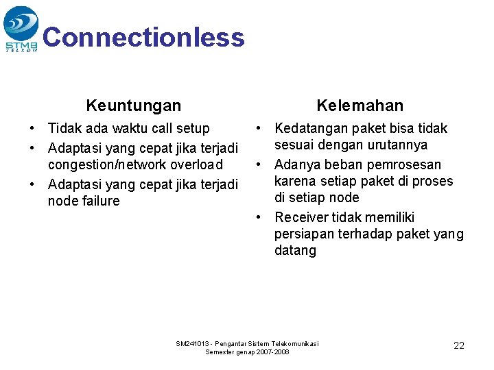 Connectionless Keuntungan Kelemahan • Tidak ada waktu call setup • Adaptasi yang cepat jika