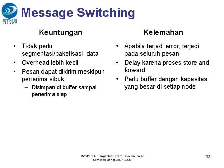 Message Switching Keuntungan Kelemahan • Tidak perlu segmentasi/paketisasi data • Overhead lebih kecil •