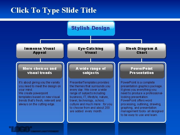 Click To Type Slide Title Stylish Design Immense Visual Appeal Eye-Catching Visual Sleek Diagram