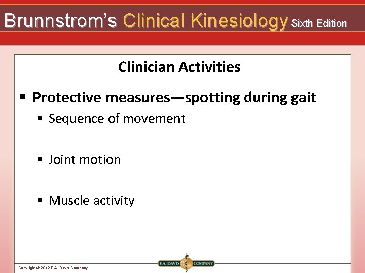 Brunnstrom’s Clinical Kinesiology Sixth Edition Clinician Activities § Protective measures—spotting during gait § Sequence