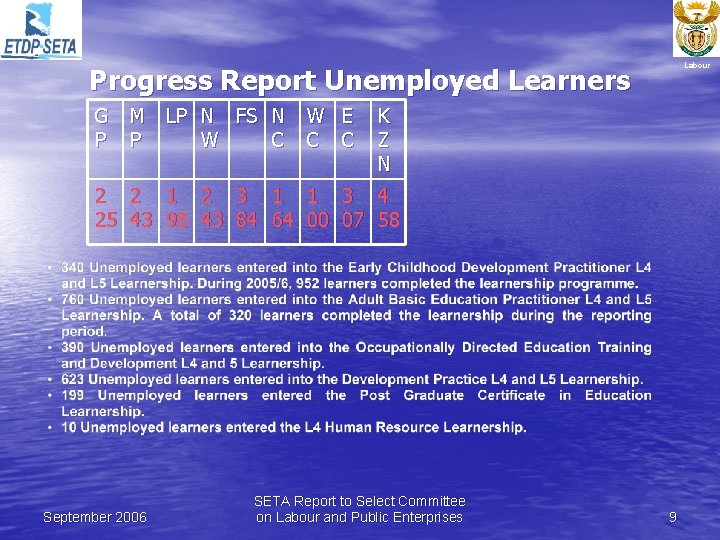 Labour Progress Report Unemployed Learners G P M LP N FS N P W