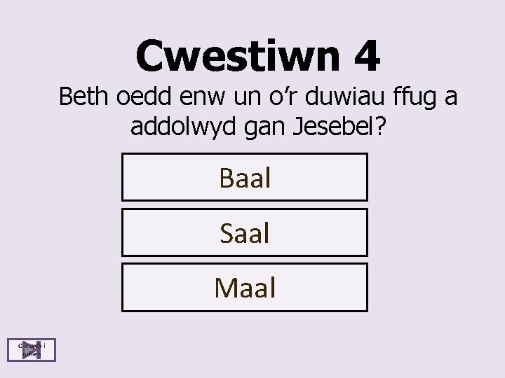 Cwestiwn 4 Beth oedd enw un o’r duwiau ffug a addolwyd gan Jesebel? Baal