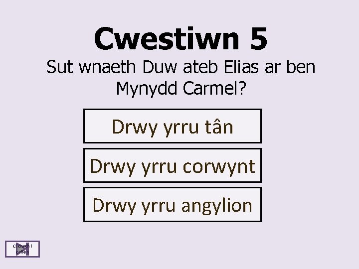 Cwestiwn 5 Sut wnaeth Duw ateb Elias ar ben Mynydd Carmel? Drwy yrru tân