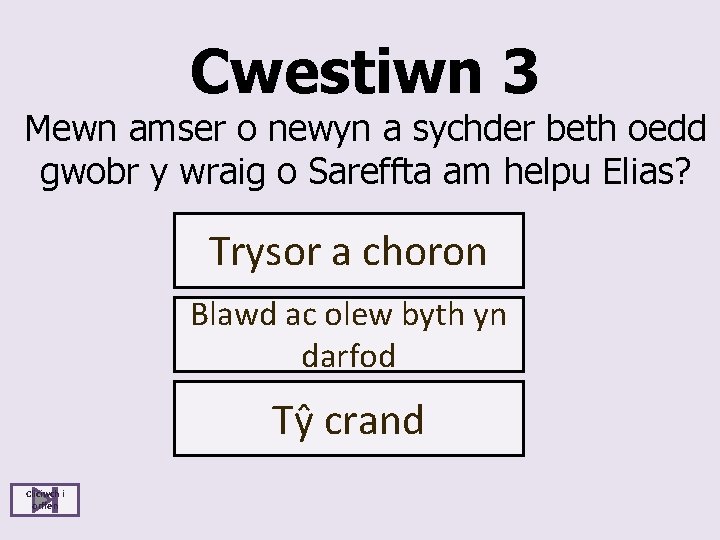 Cwestiwn 3 Mewn amser o newyn a sychder beth oedd gwobr y wraig o