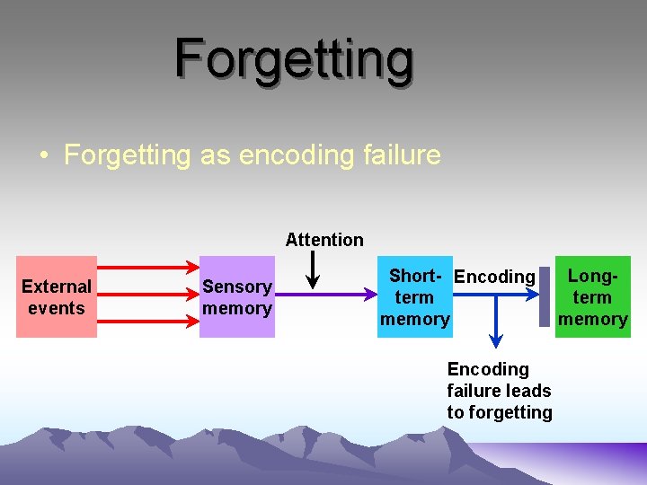 Forgetting • Forgetting as encoding failure Attention External events Sensory memory Short- Encoding term