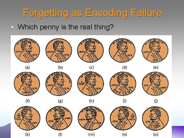 Forgetting as Encoding Failure • Which penny is the real thing? 