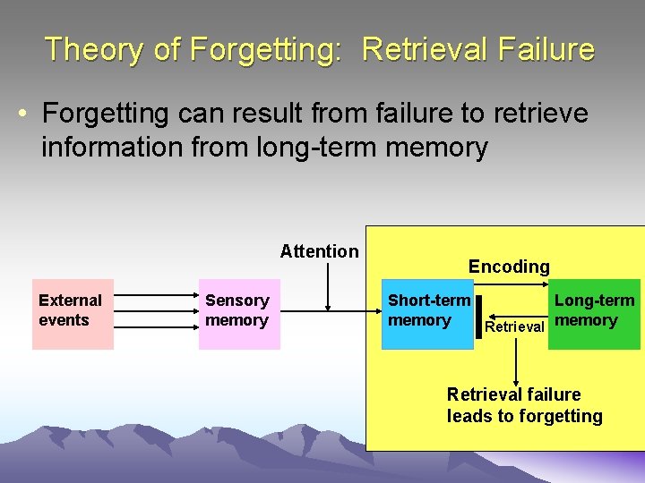Theory of Forgetting: Retrieval Failure • Forgetting can result from failure to retrieve information
