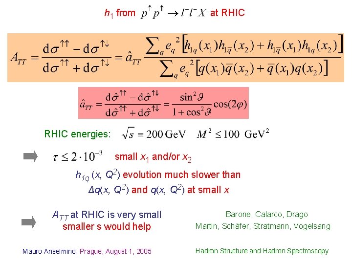 h 1 from at RHIC energies: small x 1 and/or x 2 h 1