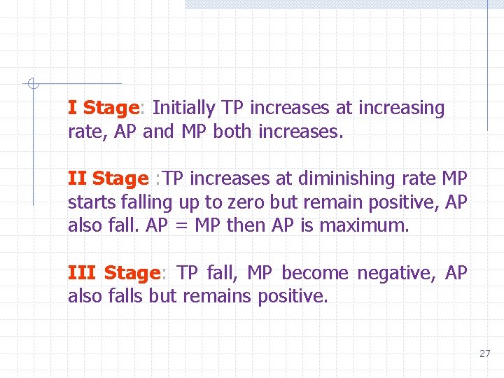 I Stage: Initially TP increases at increasing rate, AP and MP both increases. II