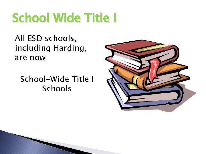 School Wide Title I All ESD schools, including Harding, are now School-Wide Title I