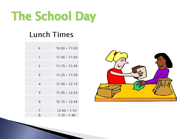 The School Day Lunch Times K 10: 30 - 11: 00 1 11: 00