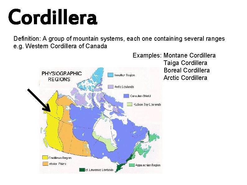 Cordillera Definition: A group of mountain systems, each one containing several ranges e. g.