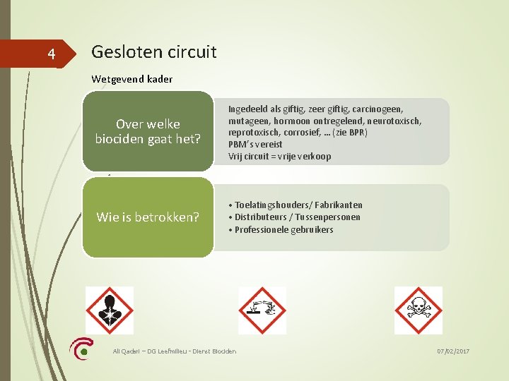 4 Gesloten circuit Wetgevend kader Over welke biociden gaat het? Ingedeeld als giftig, zeer