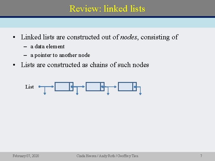 Review: linked lists • Linked lists are constructed out of nodes, consisting of –