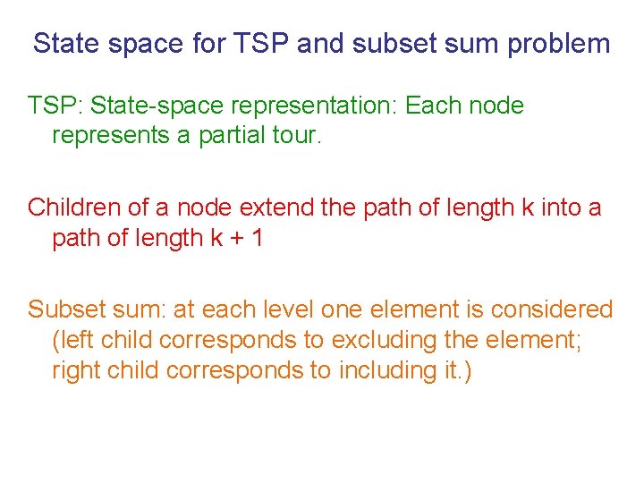 State space for TSP and subset sum problem TSP: State-space representation: Each node represents