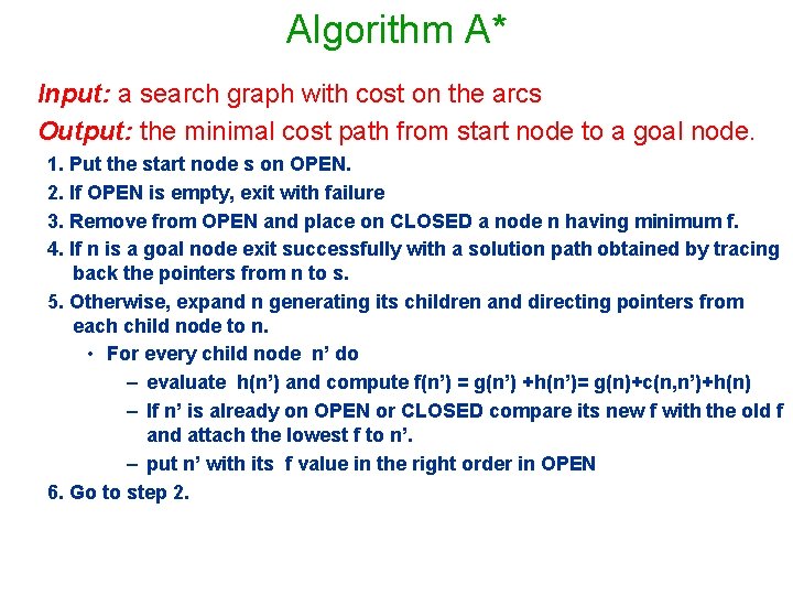 Algorithm A* Input: a search graph with cost on the arcs Output: the minimal