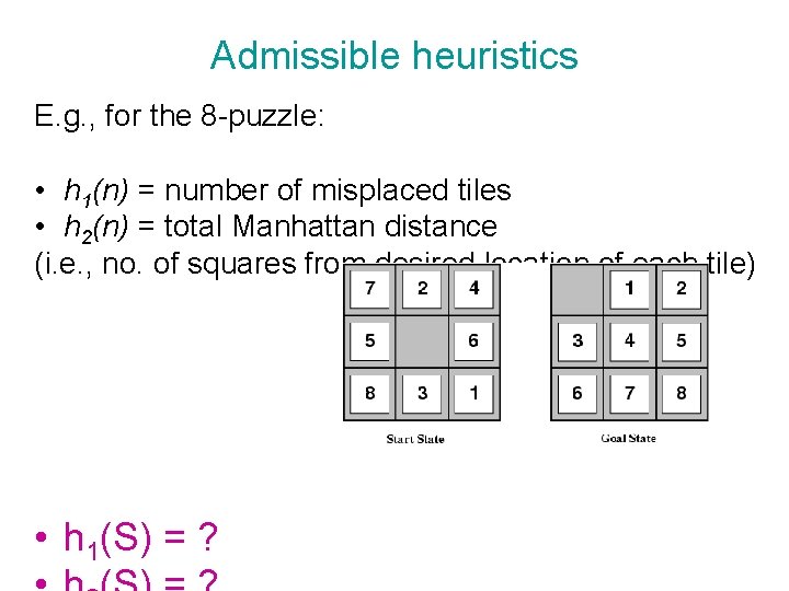 Admissible heuristics E. g. , for the 8 -puzzle: • h 1(n) = number