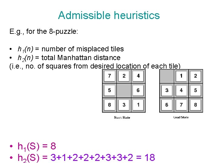 Admissible heuristics E. g. , for the 8 -puzzle: • h 1(n) = number