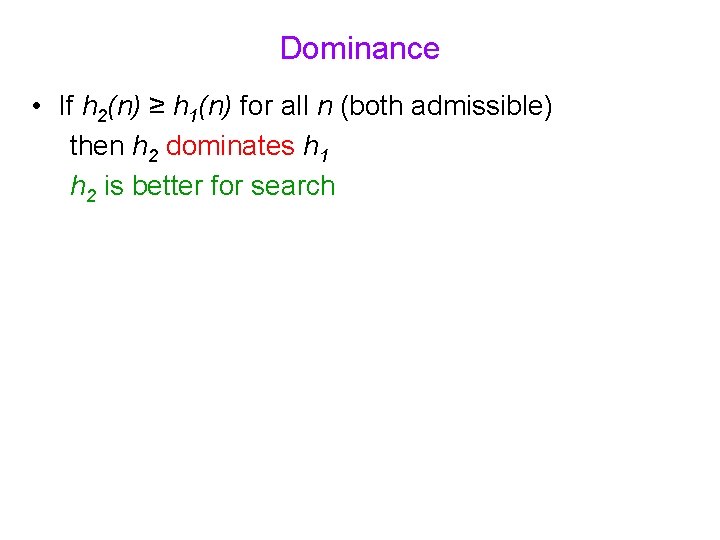 Dominance • If h 2(n) ≥ h 1(n) for all n (both admissible) then