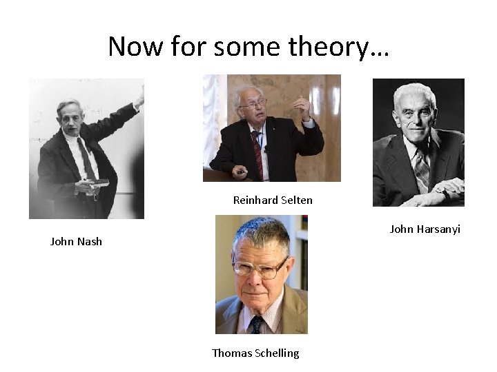 Now for some theory… Reinhard Selten John Harsanyi John Nash Thomas Schelling 
