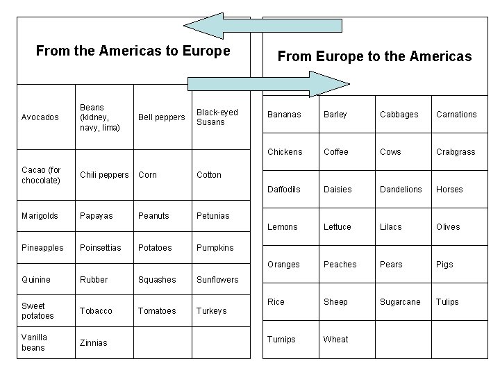 From the Americas to Europe Avocados Cacao (for chocolate) Marigolds Pineapples Quinine Beans (kidney,