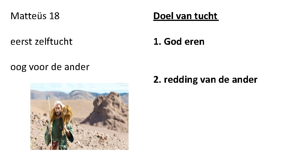 Matteüs 18 Doel van tucht eerst zelftucht 1. God eren oog voor de ander