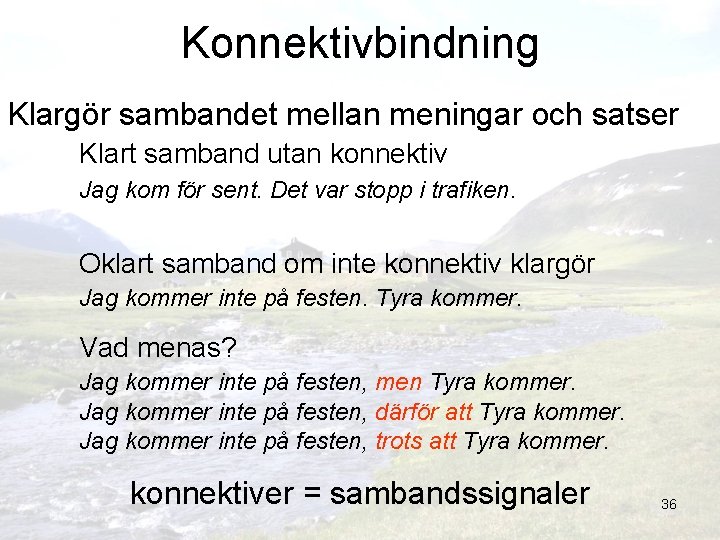 Konnektivbindning Klargör sambandet mellan meningar och satser Klart samband utan konnektiv Jag kom för