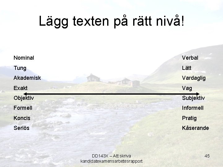 Lägg texten på rätt nivå! Nominal Verbal Tung Lätt Akademisk Vardaglig Exakt Vag Objektiv