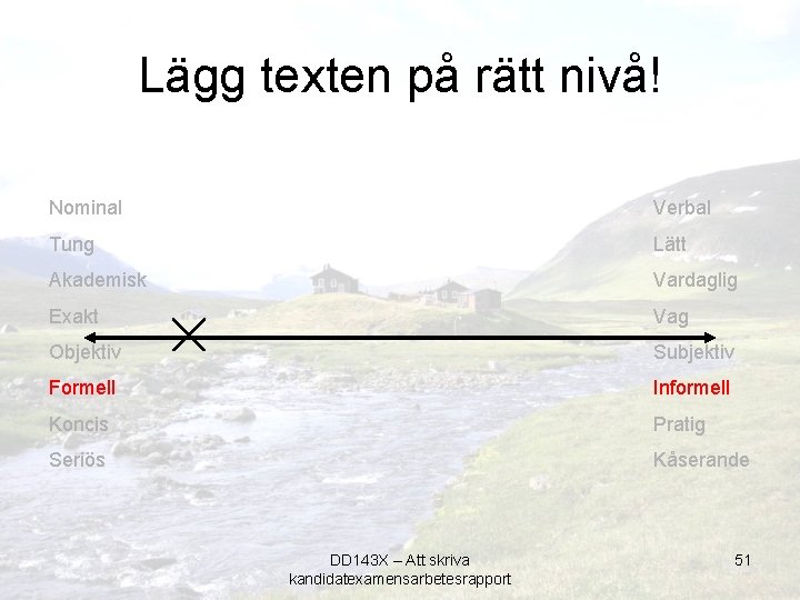 Lägg texten på rätt nivå! Nominal Verbal Tung Lätt Akademisk Vardaglig Exakt Vag Objektiv