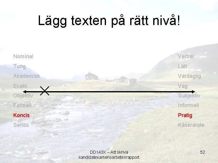 Lägg texten på rätt nivå! Nominal Verbal Tung Lätt Akademisk Vardaglig Exakt Vag Objektiv