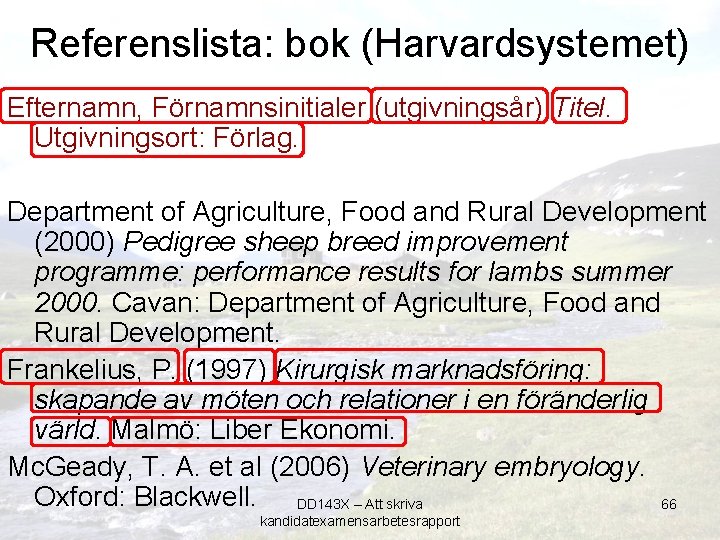 Referenslista: bok (Harvardsystemet) Efternamn, Förnamnsinitialer (utgivningsår) Titel. Utgivningsort: Förlag. Department of Agriculture, Food and