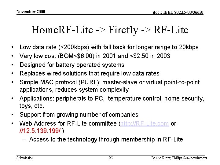 November 2000 doc. : IEEE 802. 15 -00/366 r 0 Home. RF-Lite -> Firefly